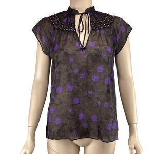 Theory Top Medium Floral Embellished Sheer Blouse Brown/Purple Beaded Cap Sleeve